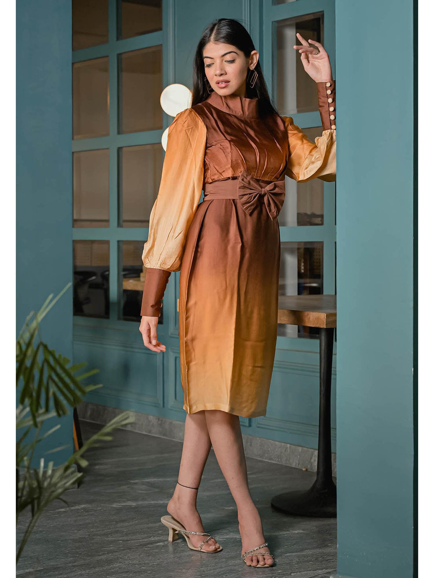 pure modal satin brown ombre dress with belt (set of 2)