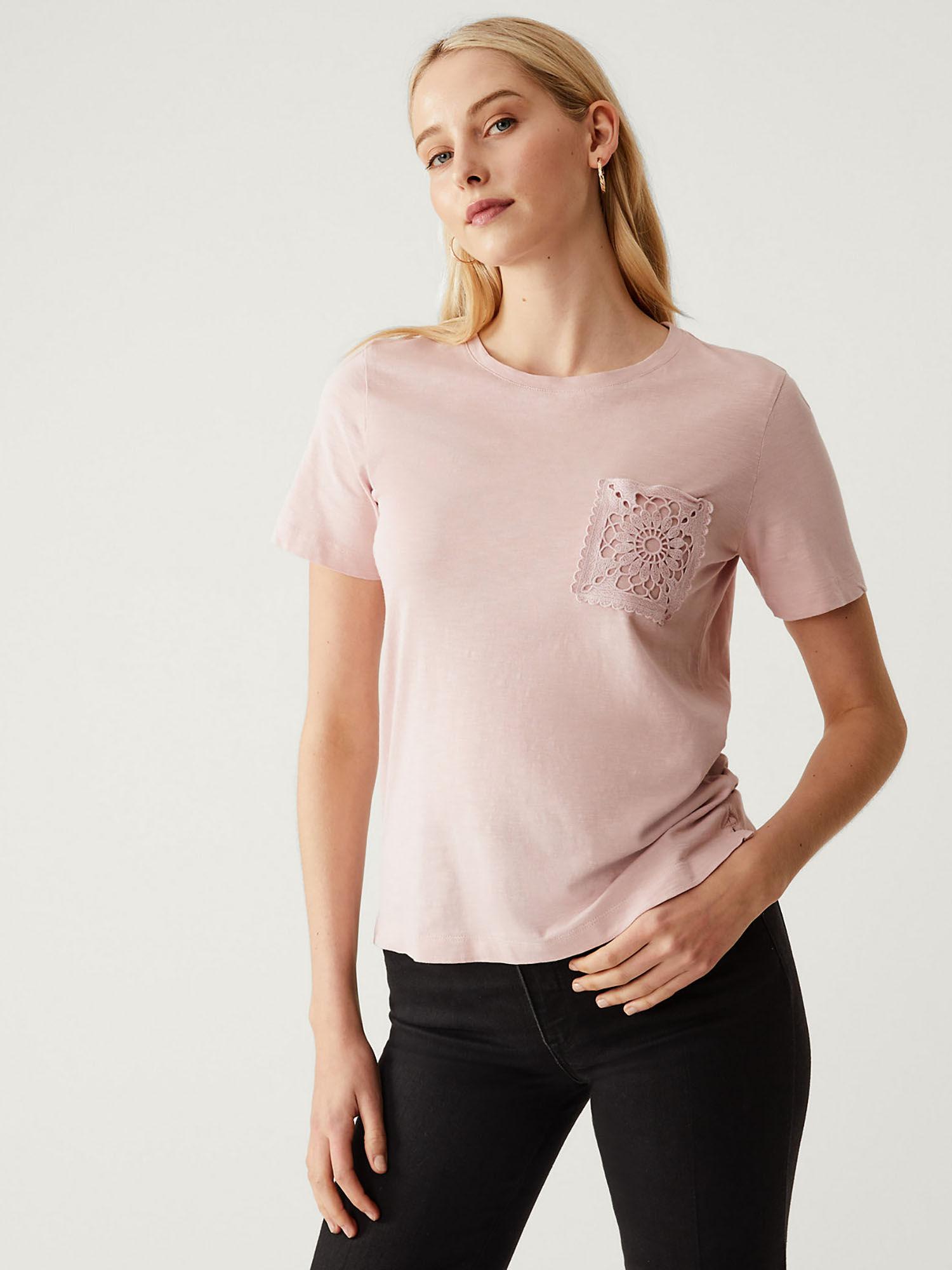 pure pink cotton lace pocket t-shirt