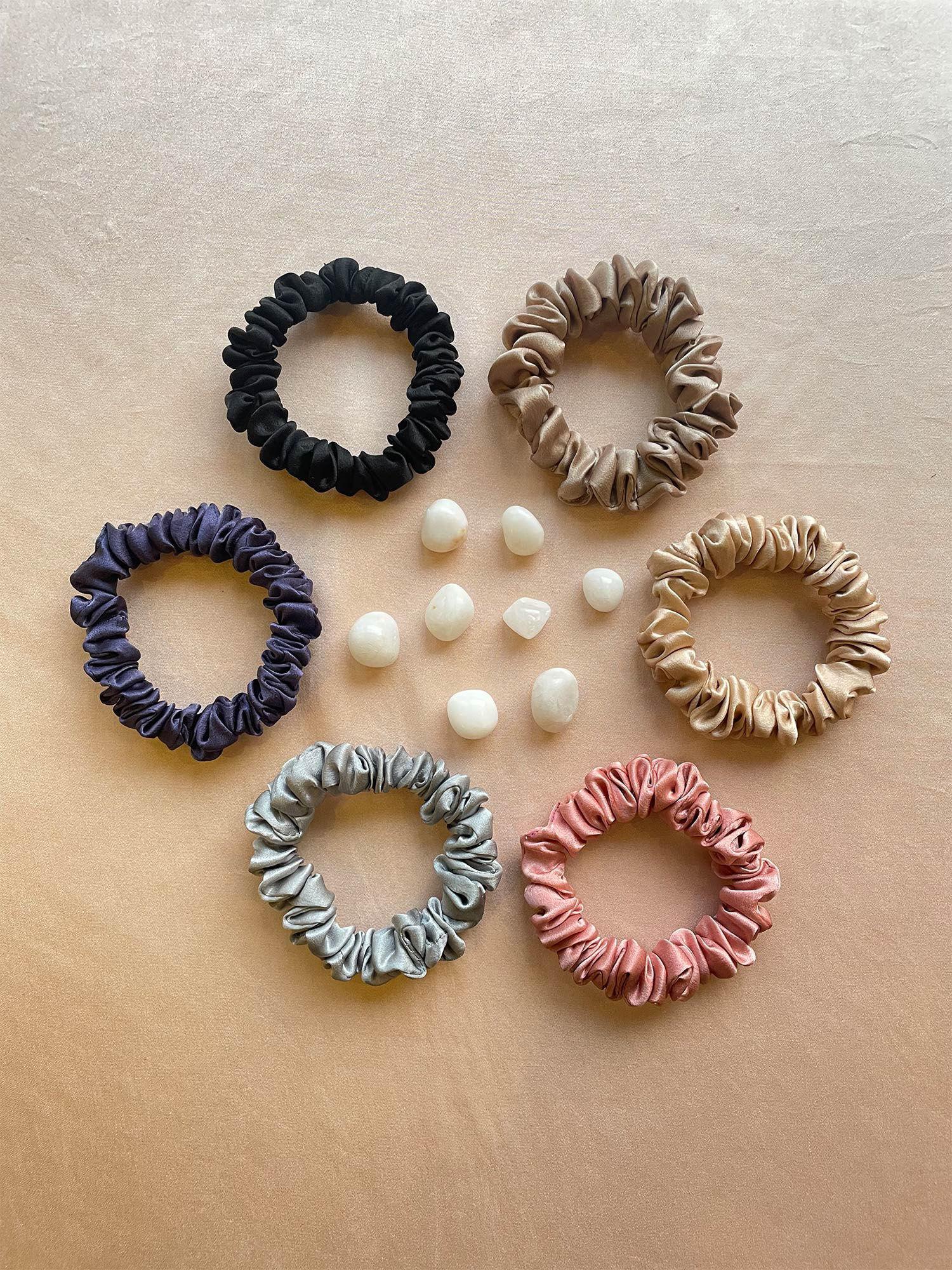 pure silk skinny gemstones scrunchies - pack of 6