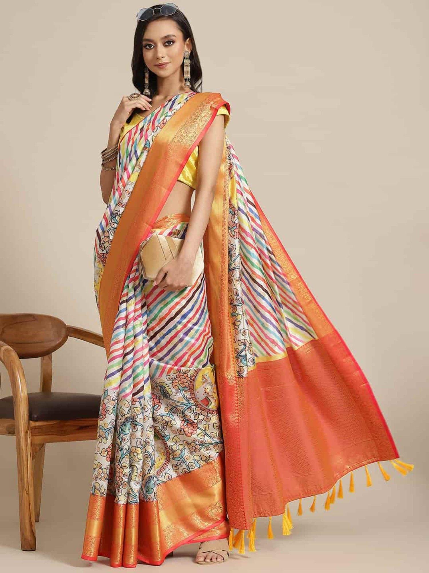 pure silk stripes & woven saree with unstitched blouse piece multi-color with unstitched