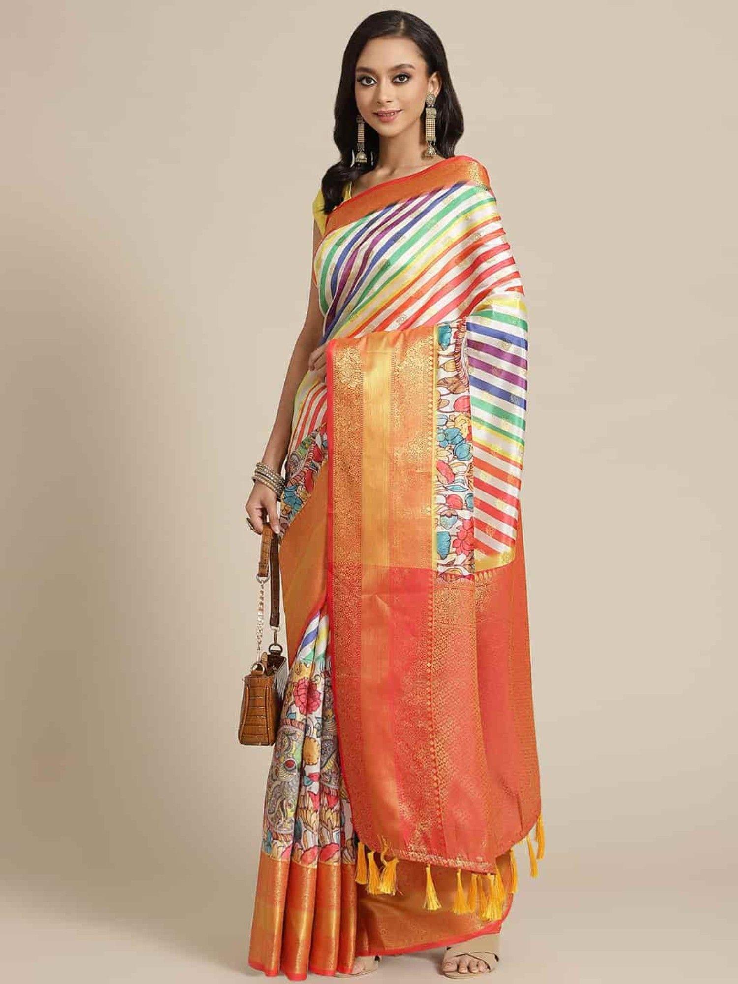 pure silk stripes & woven saree with unstitched blouse piece multi-color with unstitched