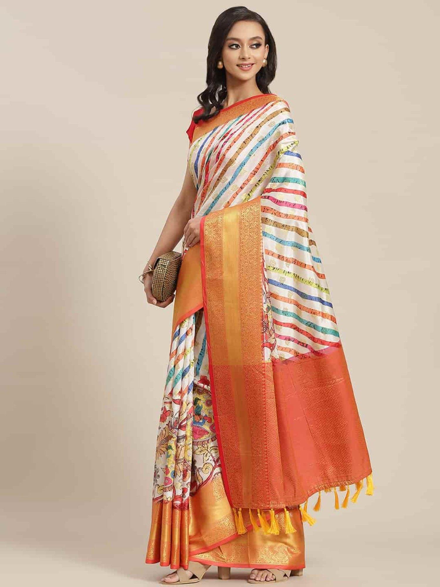 pure silk stripes & woven saree with unstitched blouse piece multi-color with unstitched