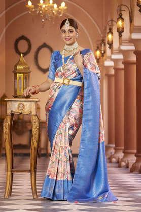 pure silk zari woven design kalamkari saree with blouse piece - blue