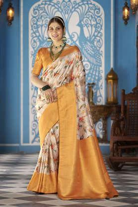pure silk zari woven design kalamkari saree with blouse piece - orange