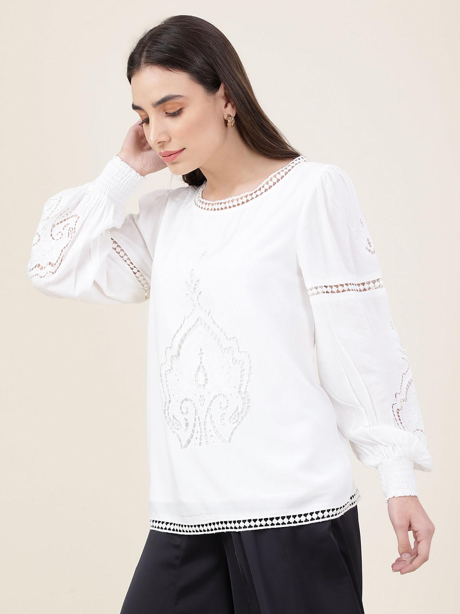 pure viscose embroidered boat neck white top