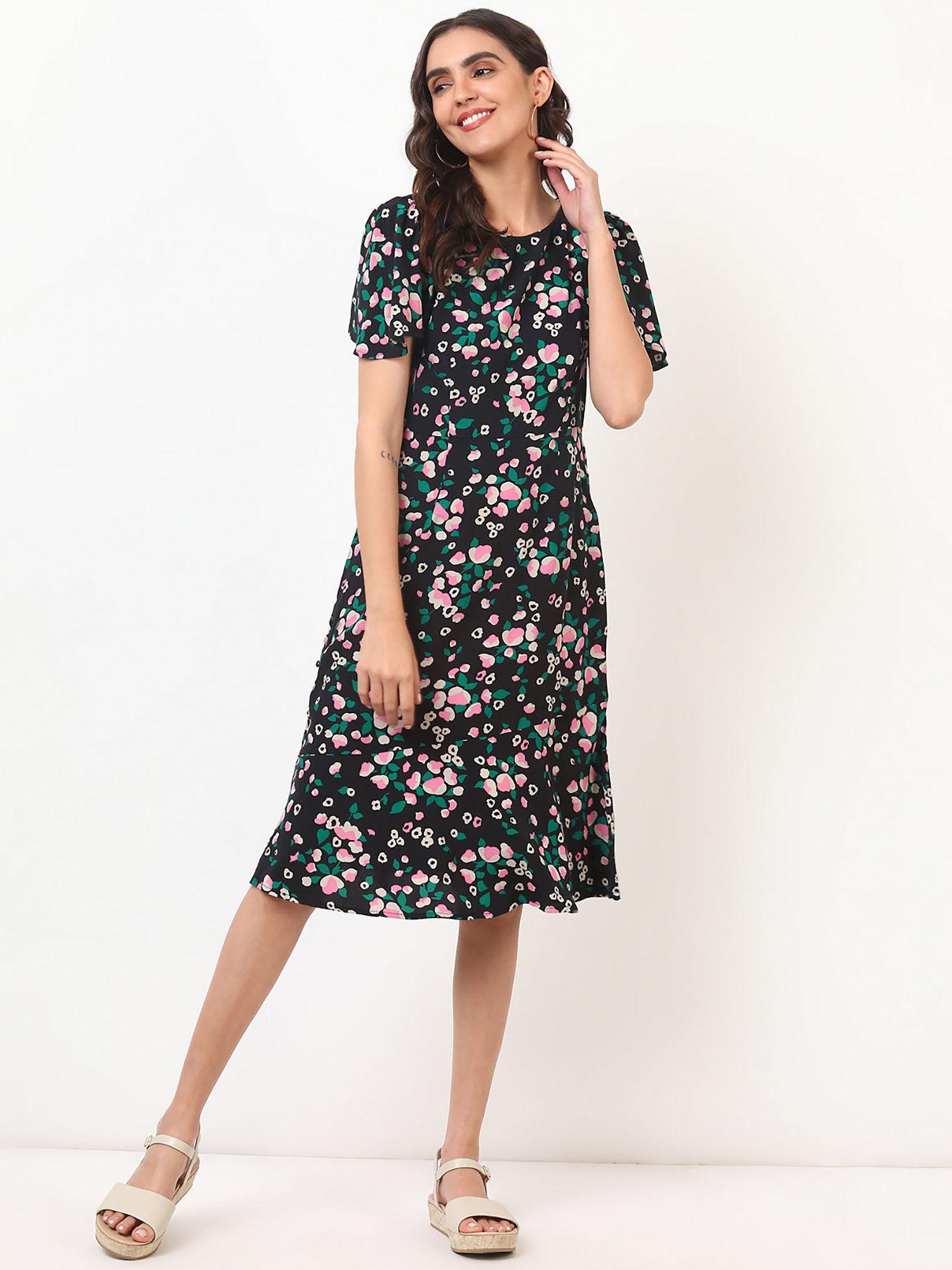 pure viscose floral round neck dress