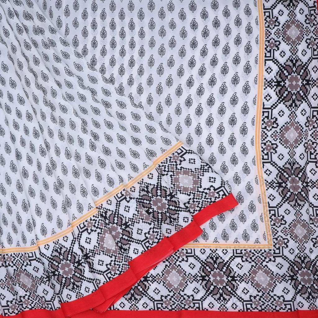 pure white printed silk saree with ikat border