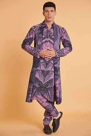 purple & black blended linen printed kurta set