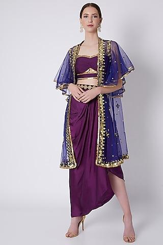 purple & blue embroidered skirt set