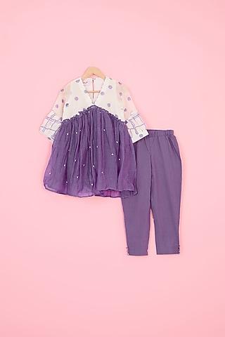 purple-&-off-white-pure-chanderi-hand-block-polka-dot-printed-gathered-kurta-set-for-girls