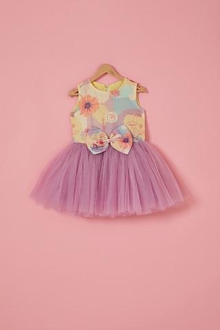 purple & peach linen blend & net floral printed flared dress for girls