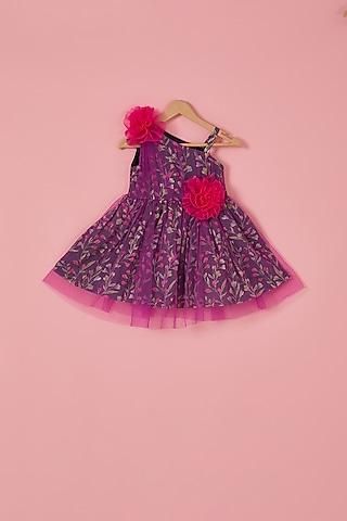 purple & pink net floral printed one-shoulder dress for girls