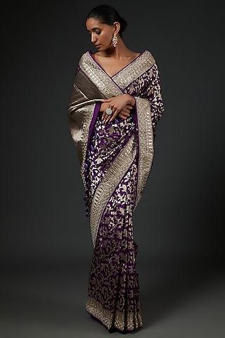 purple banarasi silk hand embroidered saree set