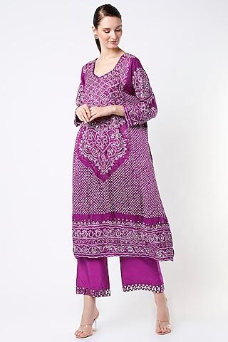 purple bandhani embroidered tunic set