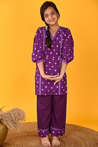 purple bandhani printed kurta set for girls