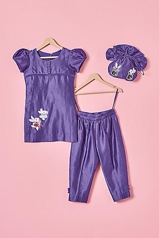 purple chanderi silk bunny motif hand embroidered kurta set for girls