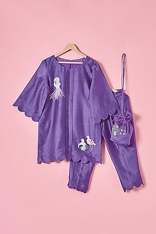 purple chanderi silk flamingo hand embroidered kurta set for girls