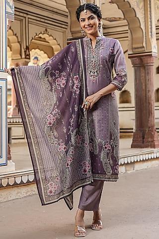 purple chanderi silk floral printed & sequin embellished kurta set
