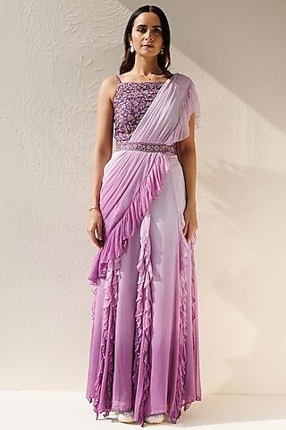 purple chiffon ombre pre-draped ruffled saree set