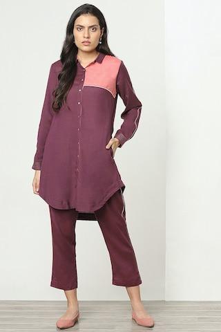 purple color block casual full sleeves regular collar women regular fit tunic