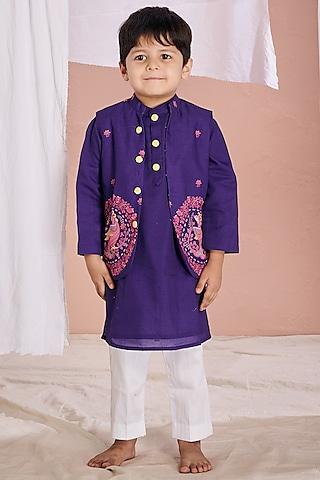 purple cotton embroidered bundi jacket set for boys