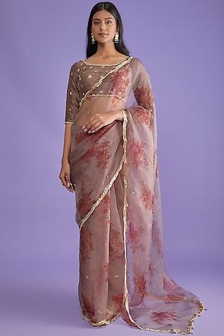 purple crepe & organza hand embroidered saree set