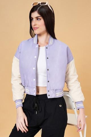 purple cut & sew casual  baseball neck women regular fit  jacket