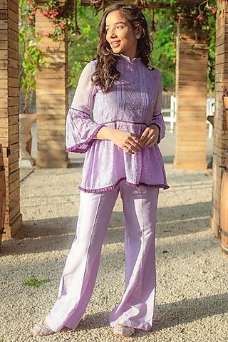 purple embroidered flared top
