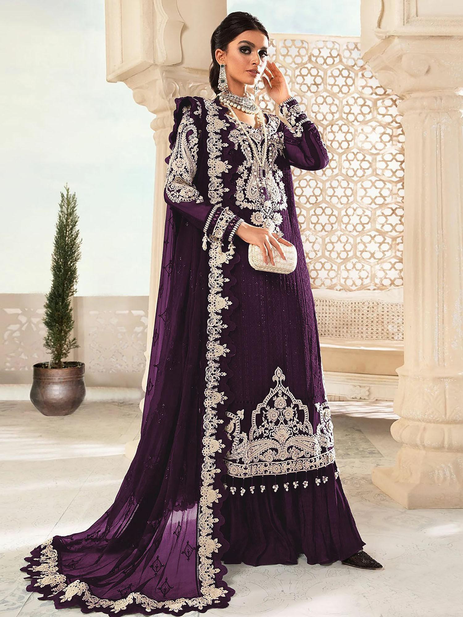 purple embroidered georgette partywear semi stitched dress material (set of 3)