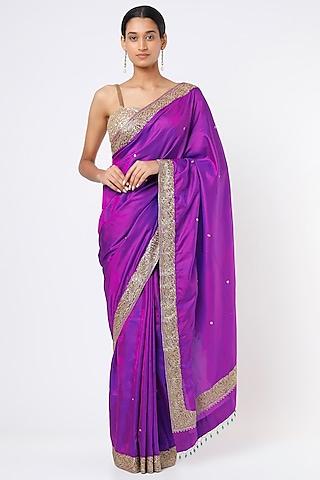 purple embroidered handcrafted saree set