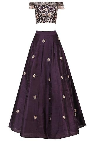 purple embroidered off shoulder crop top and skirt
