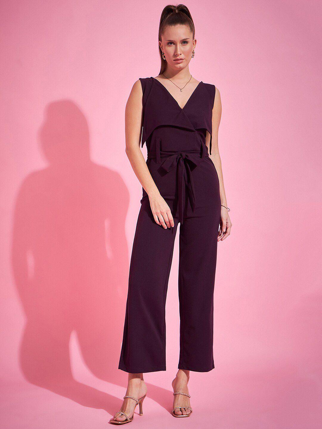 purple feather wide collared v-neck belted basic jumpsuit