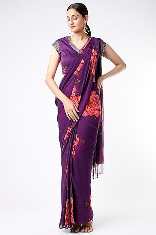 purple floral printed pre-pleated saree set