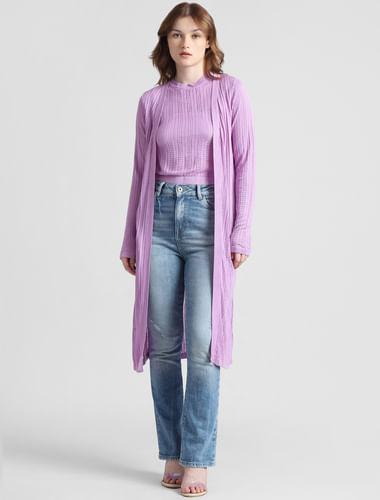 purple front open long cardigan