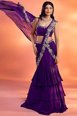 purple georgette floral embroidered draped saree ser