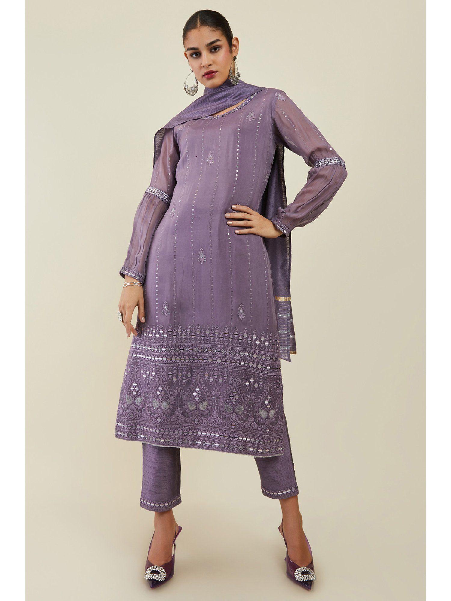 purple georgette salwar suit with embellishment design (set of 3)