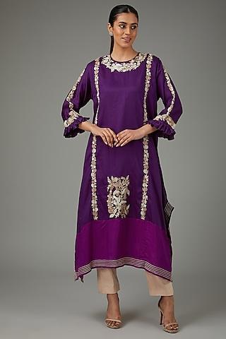 purple glaze cotton thread embroidered kurta set