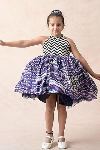 purple habutai silk chevron printed flared dress for girls