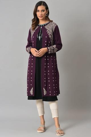 purple jacquard ethnic full sleeves round neck women regular fit cardigan
