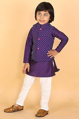 purple kurta set with printed nehru jacket for boys
