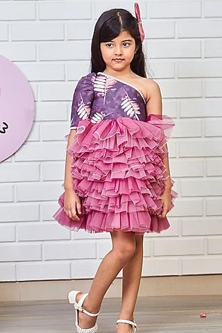 purple net one-shoulder printed & ruffled dress for girls