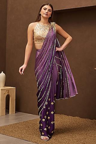 purple ombre georgette satin pre-stitched embroidered saree set