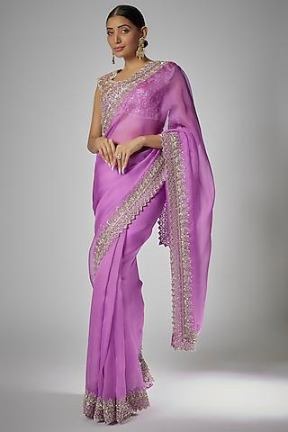purple organza embroidered saree set