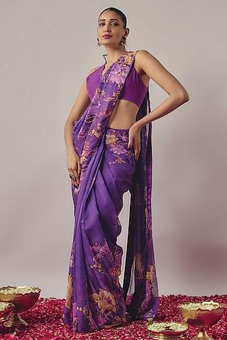 purple organza printed & embroidered pre-draped saree set