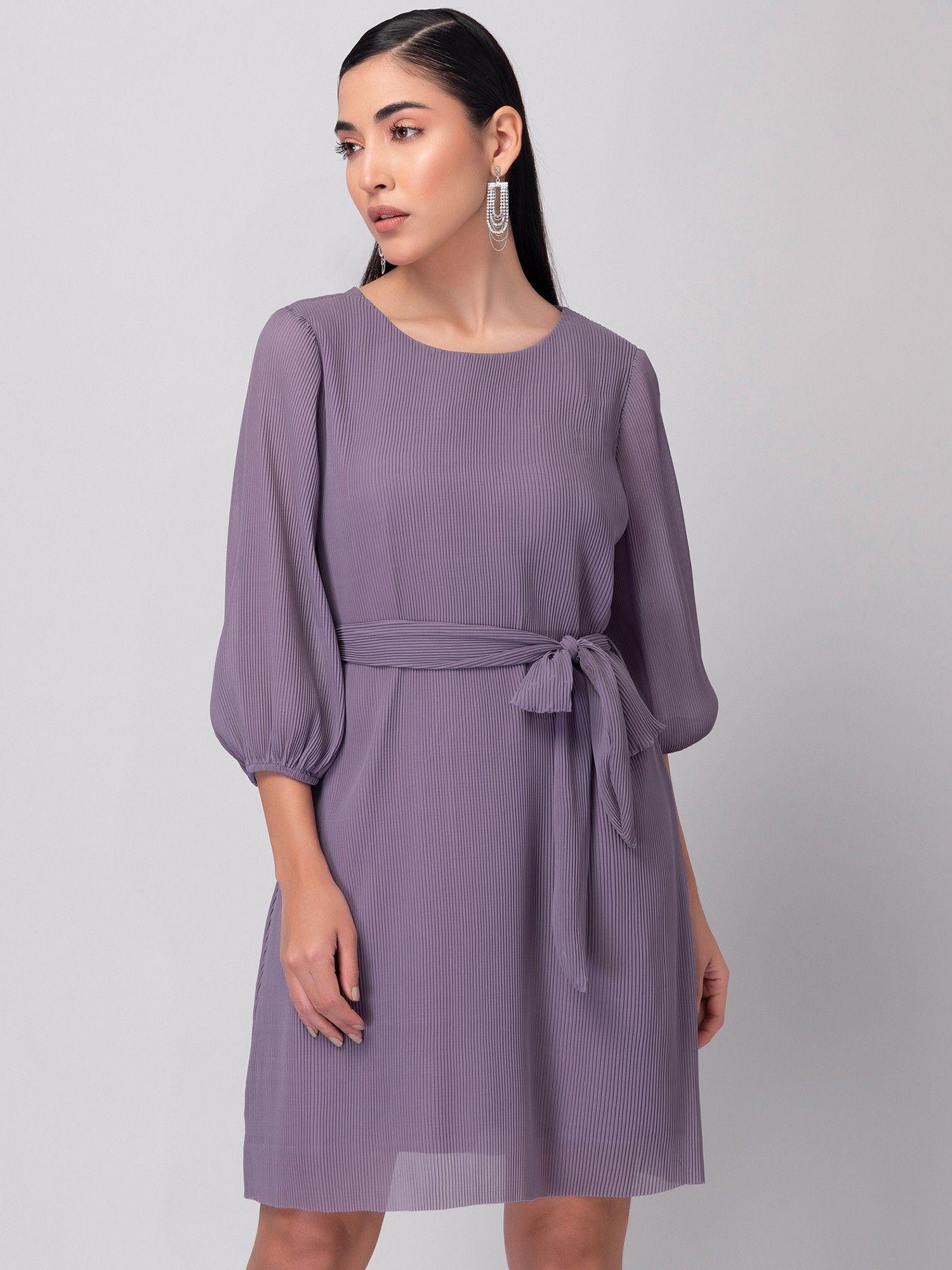 purple pleated mini dress with fabric belt (set of 2)