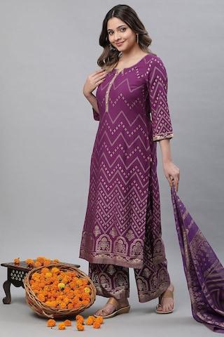 purple print ankle-length ethnic women straight fit palazzo