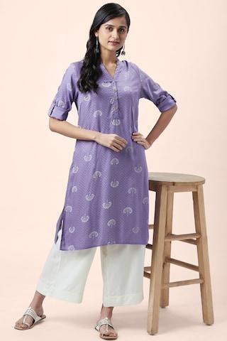 purple print casual mandarin 3/4th sleeves knee length women regular fit kurta