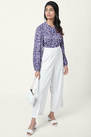 purple printed casual full sleeves peter pan collar women comfort fit top
