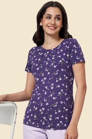 purple printed casual half sleeves round neck women regular fit t-shirt