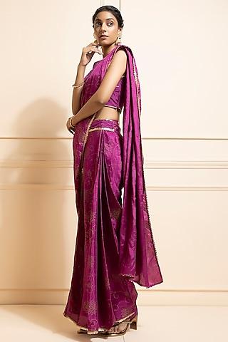 purple printed pre-draped pant saree set